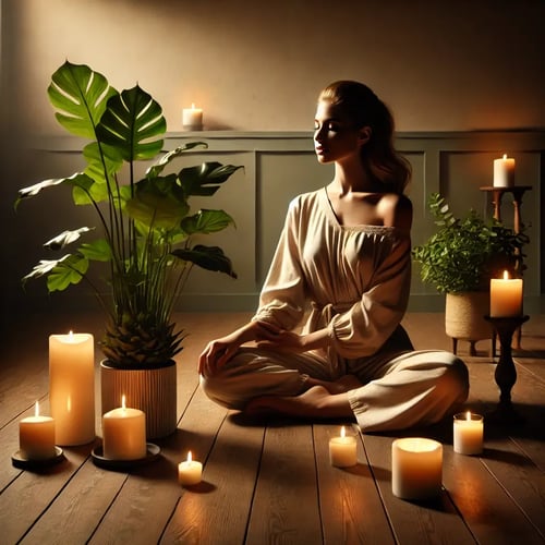 Dall e 2024 12 17 14 56 13 a serene photograph of a woman sitting cross legged on the floor surrounded by softly glowing candles she is in a calm meditative pose with a lush 1